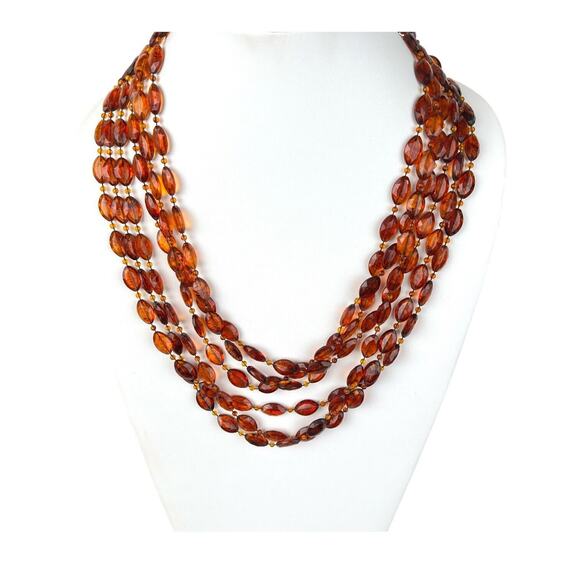 Multi Strand Necklace Long Faux Amber Plastic Beads Translucent Marquise Vintage - Picture 2 of 8